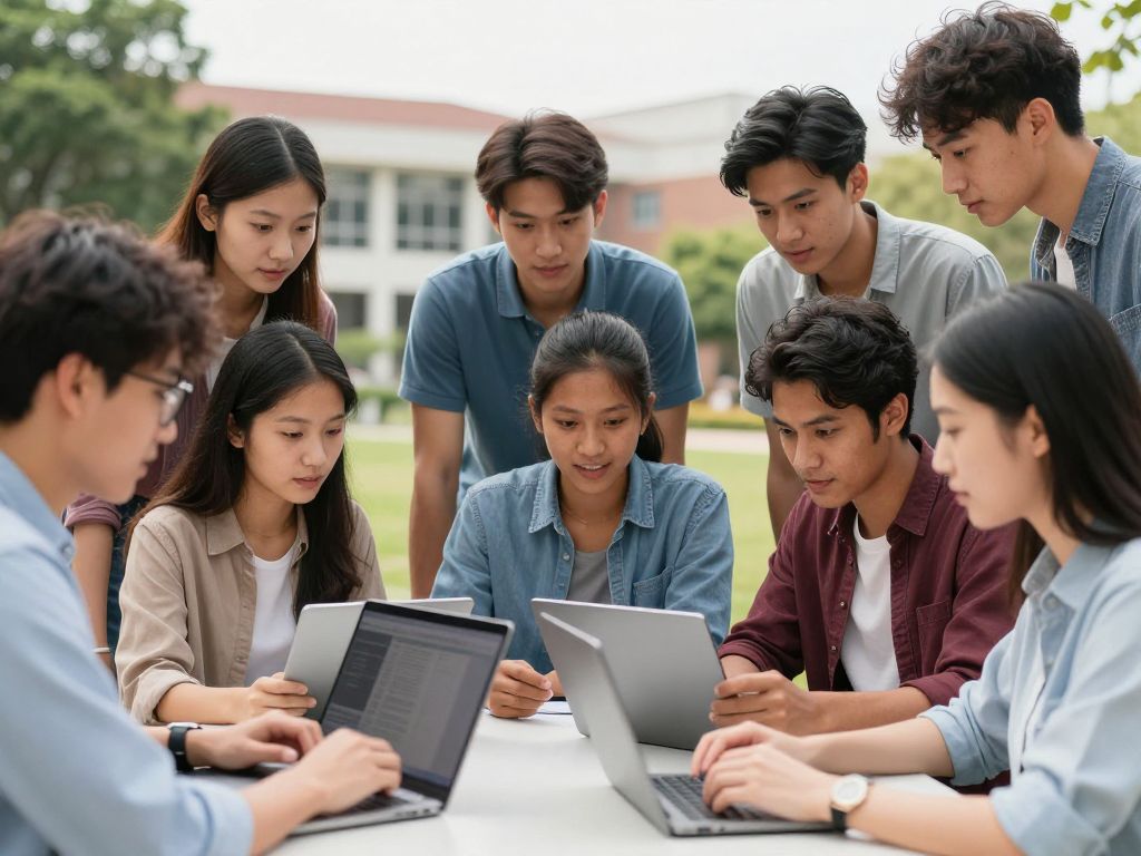 Students discussing digital platform changes at Boston College