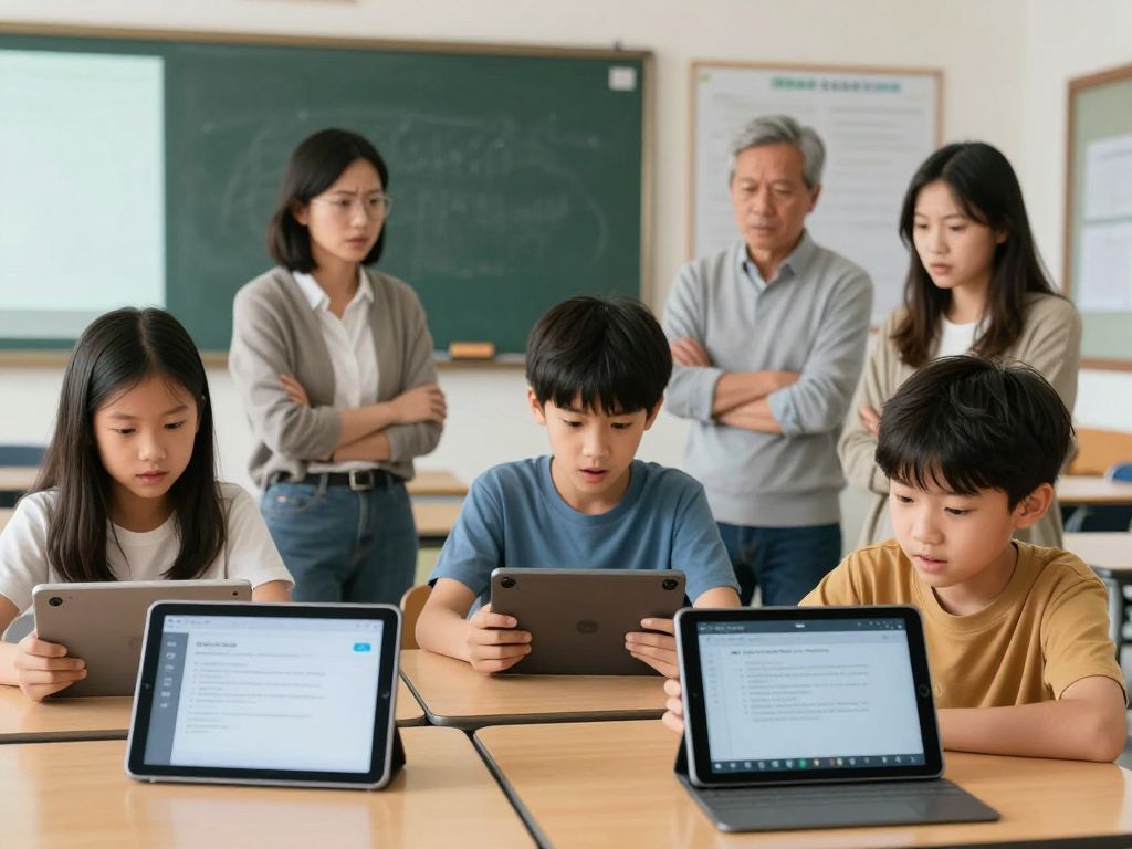 Students utilizing AI technology in a classroom setting