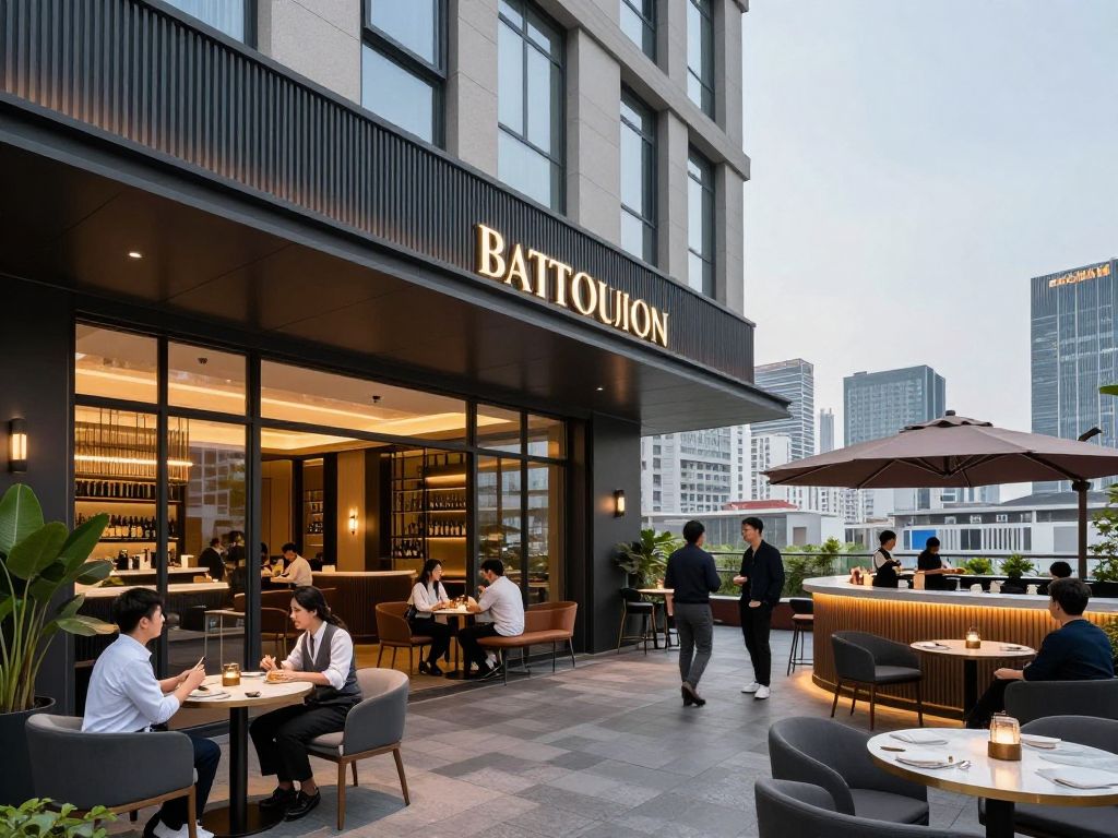 A view of the Atlas Hotel with guests enjoying the outdoor terrace and city skyline in the background.