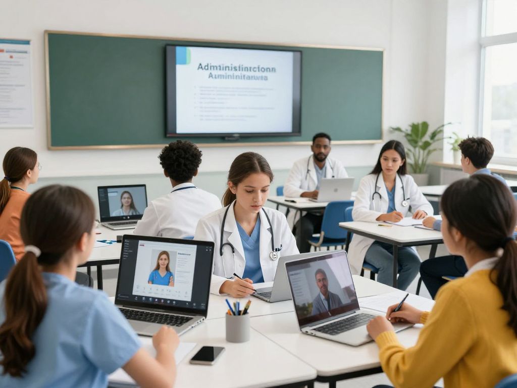 Students in a virtual class discussing healthcare administration