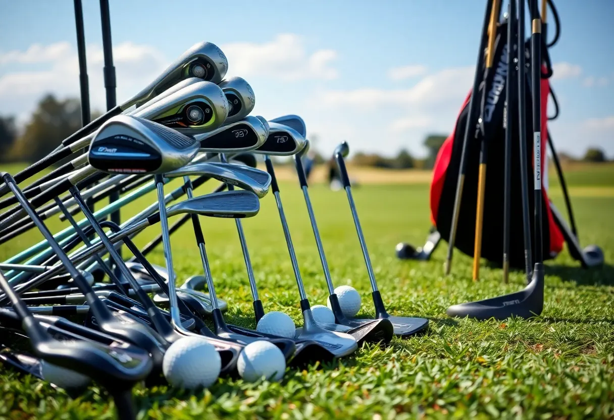 A variety of beginner golf club sets displayed on a golf course