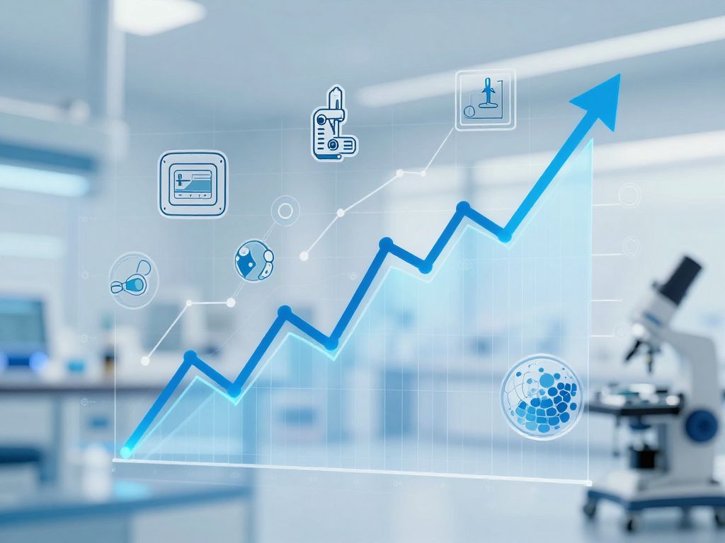 Illustration depicting biotech innovation with growth and strategic acquisition themes.