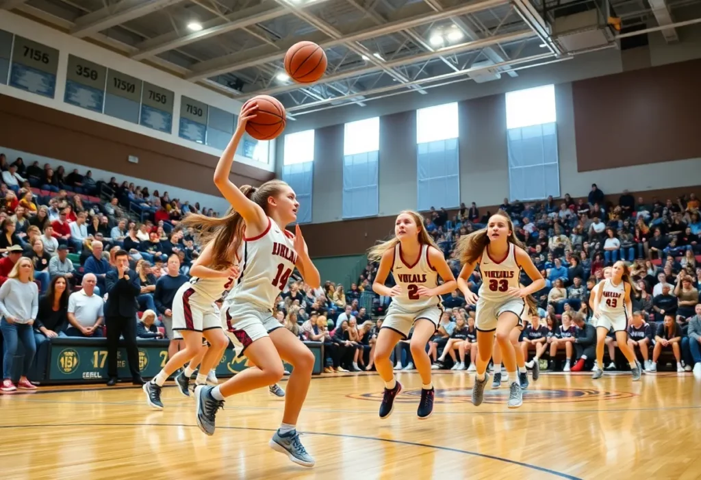 Bishop Feehan girls basketball team in action during a game against Walpole.