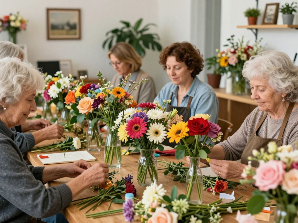 Seniors participating in a floral design workshop in Boston