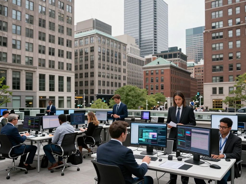 Boston cityscape with people working on AI technology