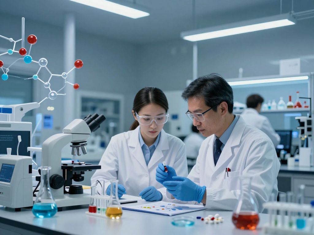 Scientists collaborating in a laboratory environment for drug discovery