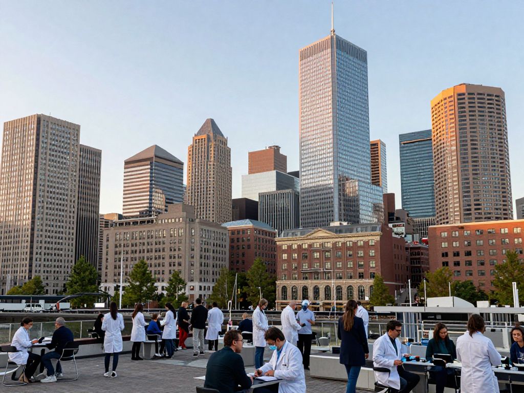 A view of Boston with biotech themes symbolizing innovation and research.