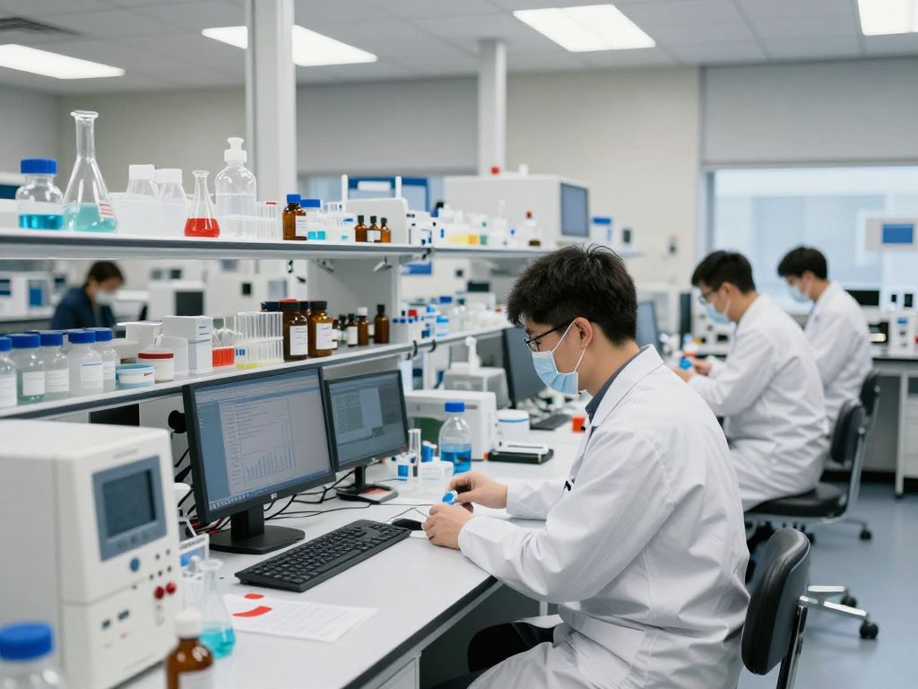 Interior view of a Boston biotech laboratory with researchers working