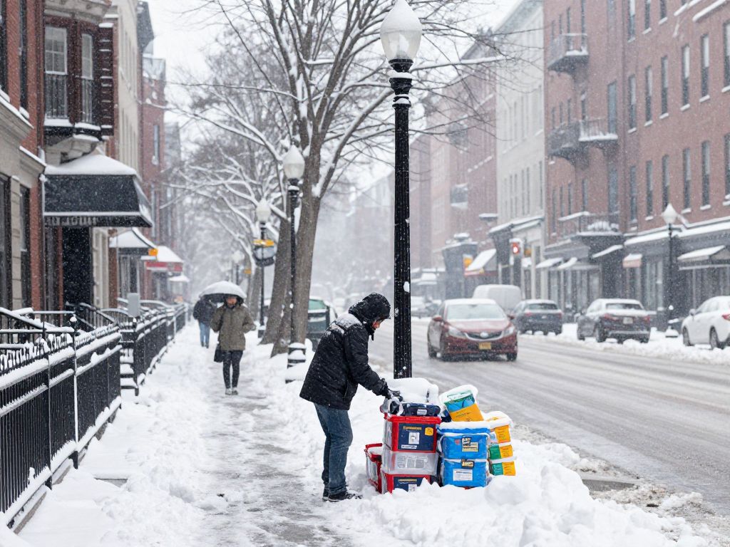 Residents preparing for a winter storm in Boston with snow-covered streets and sidewalks.