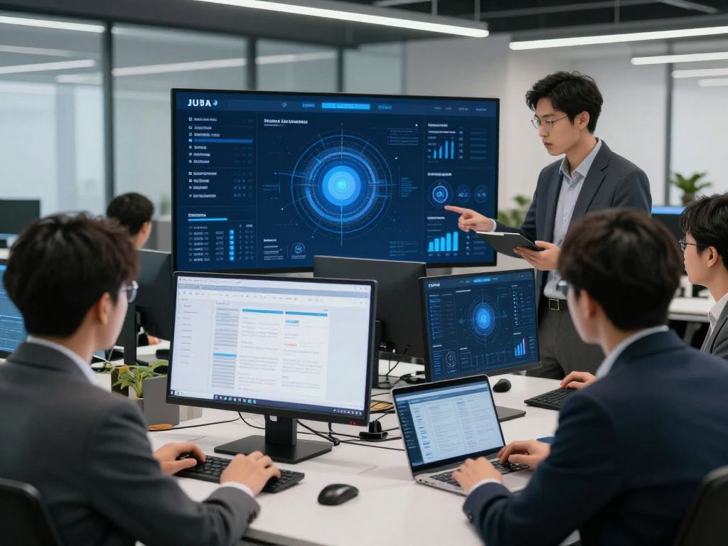 Collaborative workspace showcasing advanced technology and digital tools in a Boston business environment.