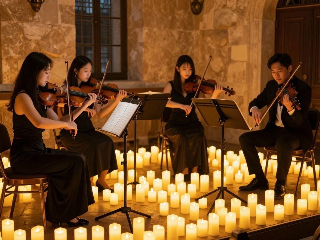 String quartet performing at a candlelight concert in Boston.