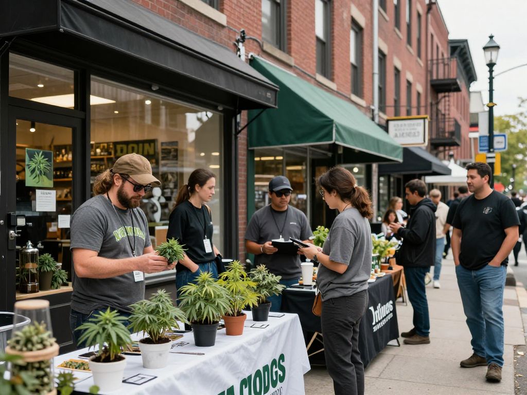 Boston street scene depicting cannabis shops and local businesses thriving in a regulated market.