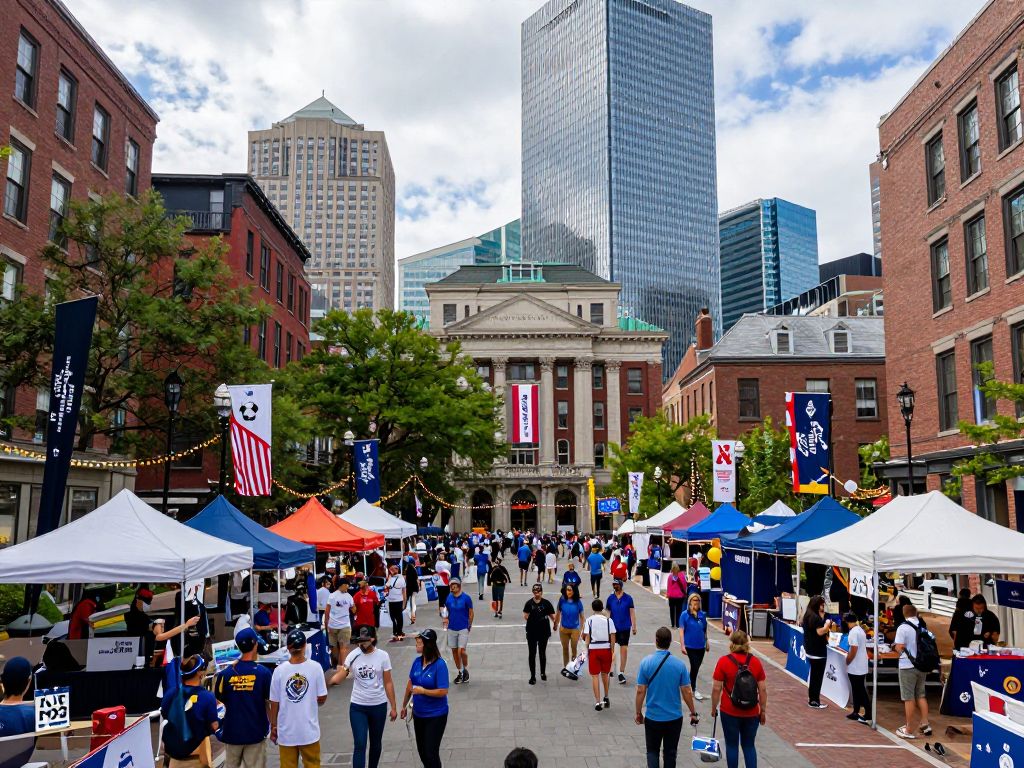 Boston skyline with decorations for upcoming major events in 2026