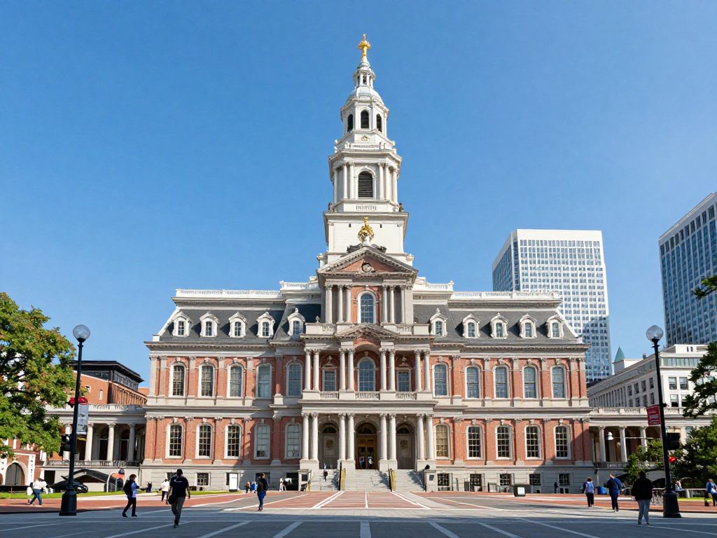 Historic Boston City Hall with pedestrians.