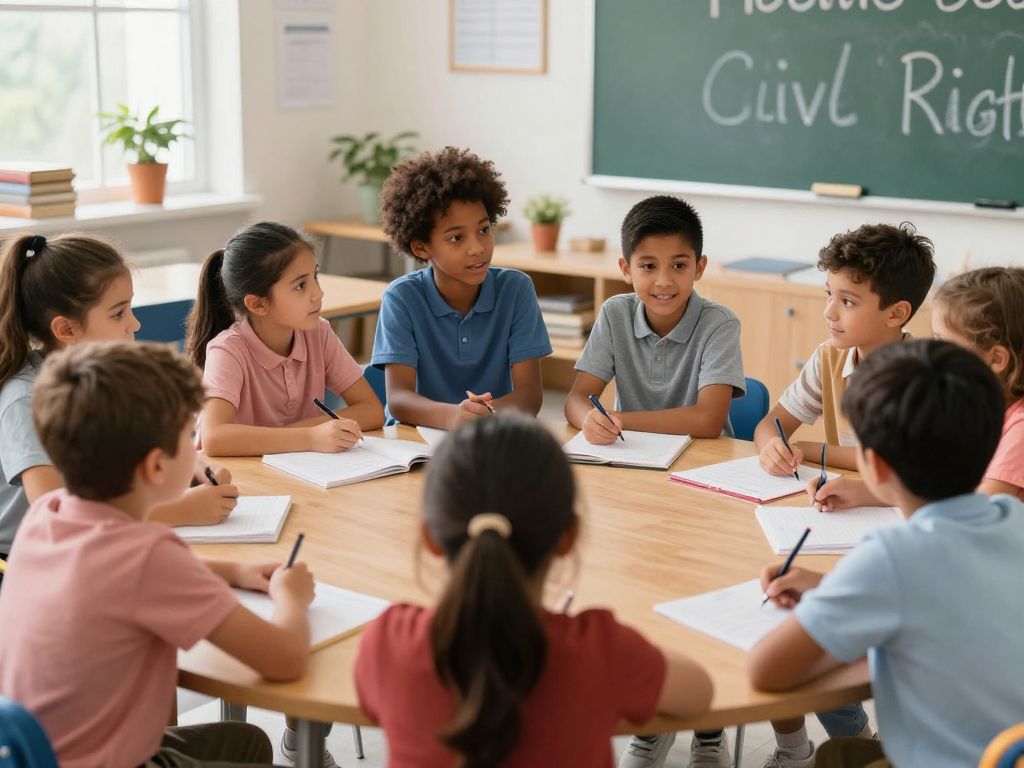Children in a classroom discussing civil rights and education