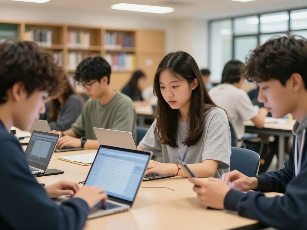 Students engaging with digital devices at Boston College campus
