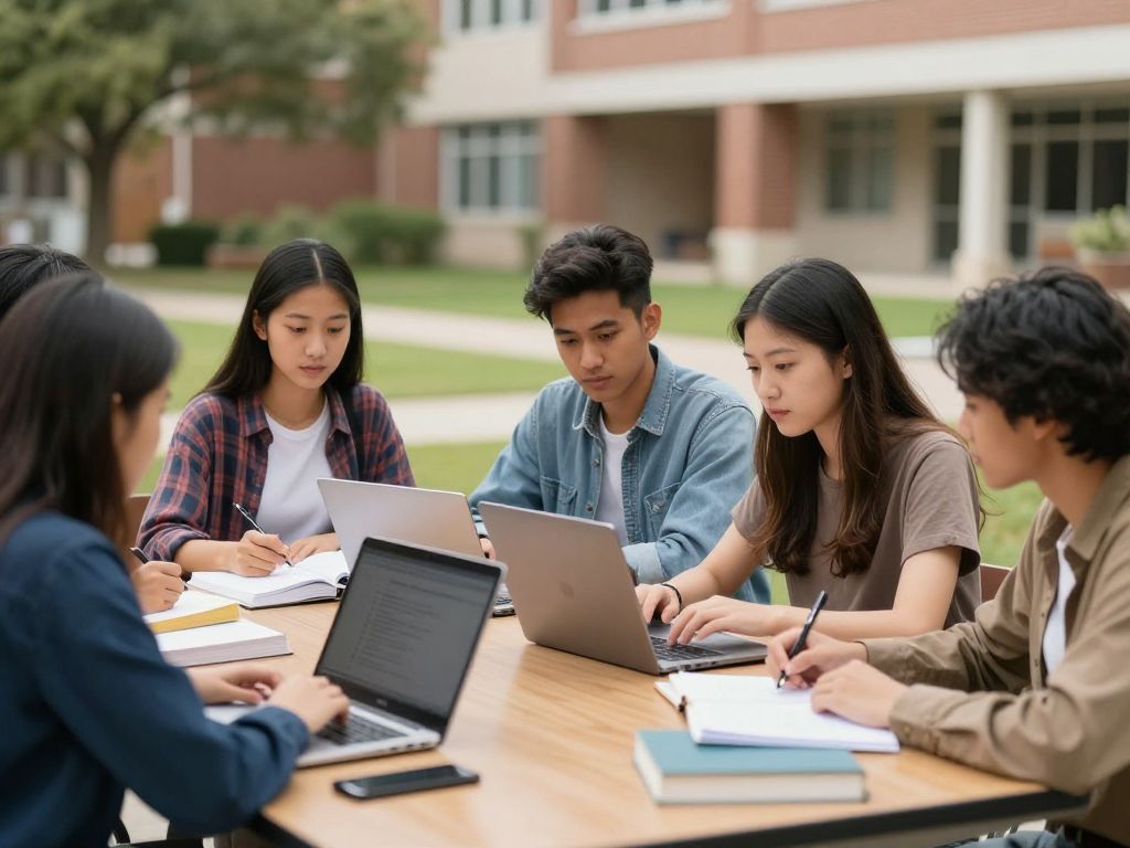 Diverse college students studying together at Boston College