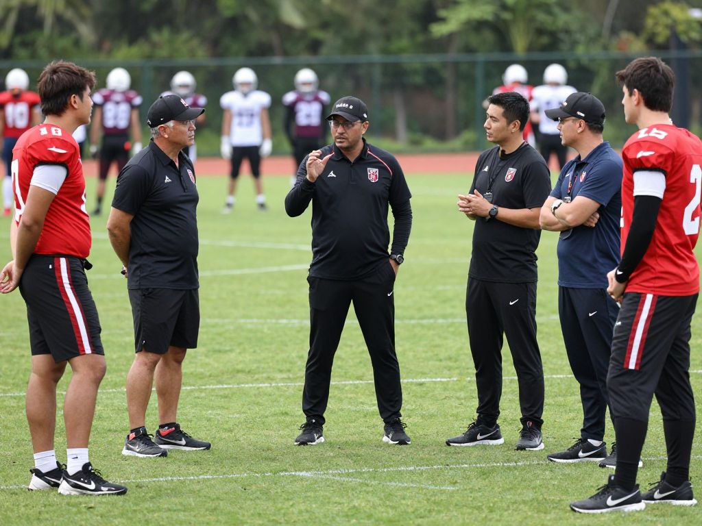 Football coaches discussing strategies with players in training