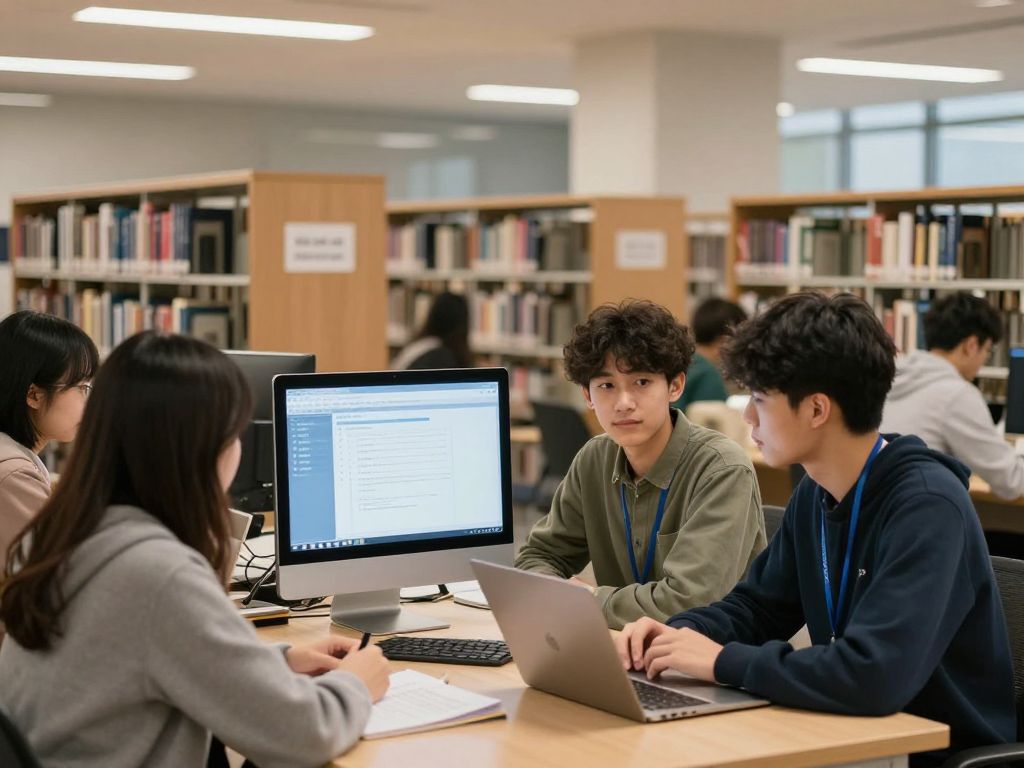 Students working in a university library on academic research and database access.