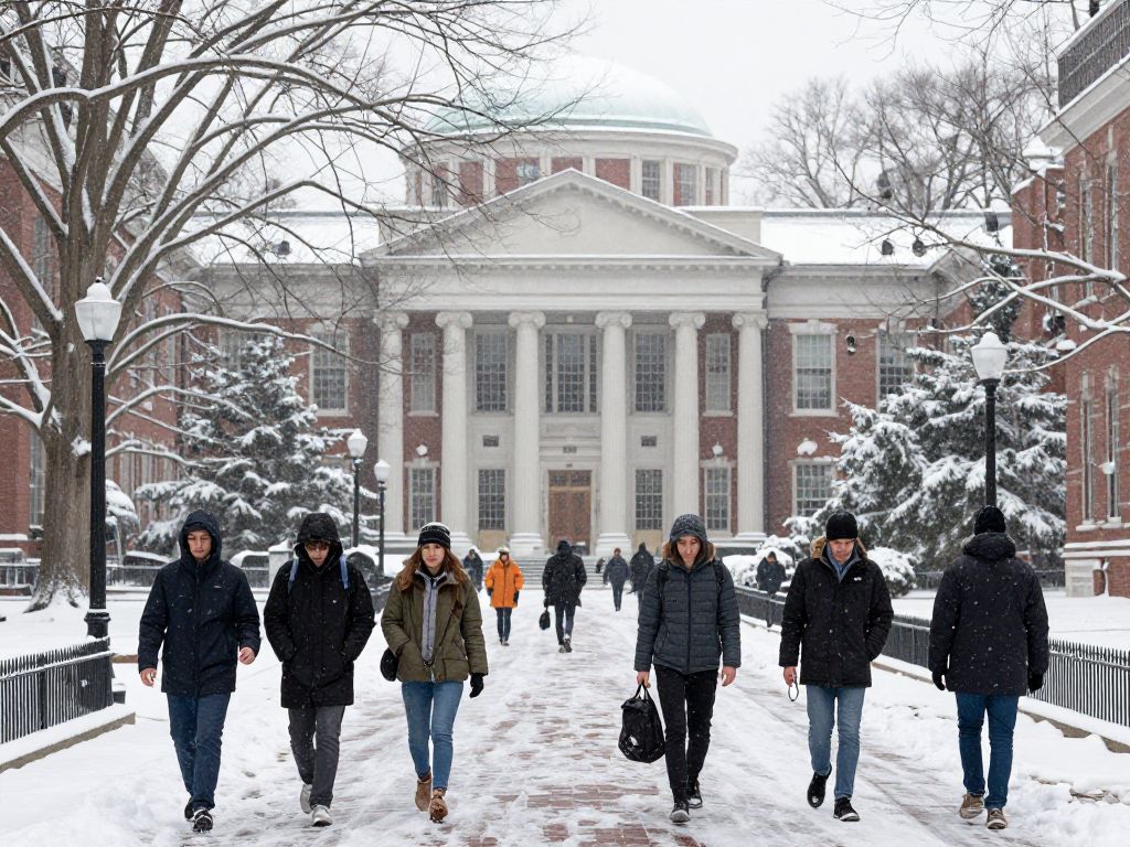 Students and staff navigating a snowy Boston college campus after a winter storm