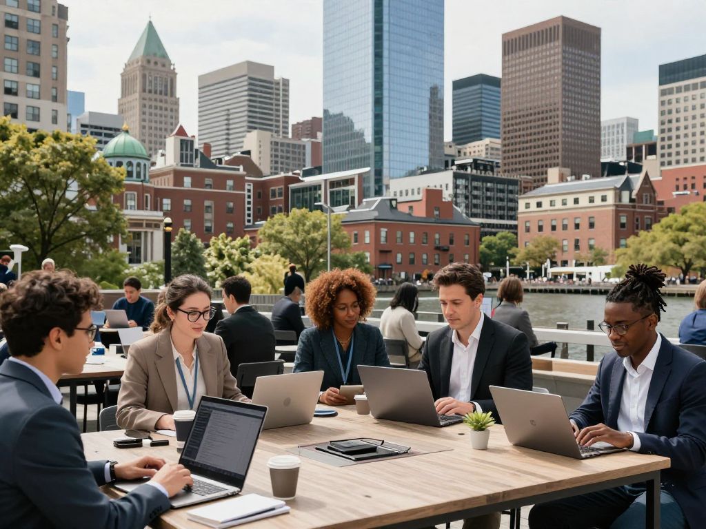 Diverse community members in Boston interacting with AI tools and technology.