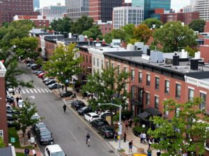 A view of a Boston neighborhood showcasing community activities.