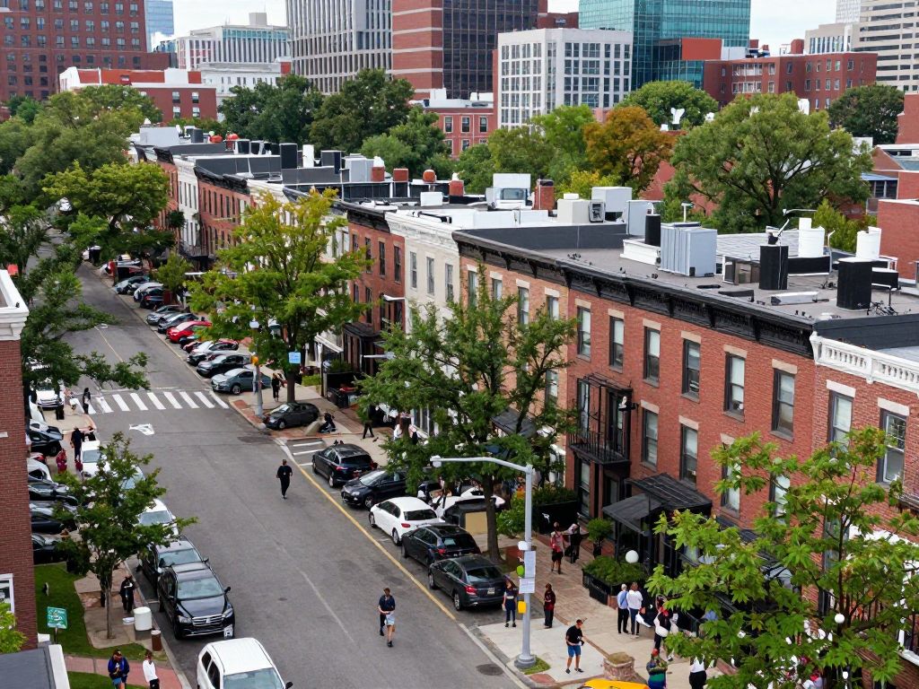 A view of a Boston neighborhood showcasing community activities.