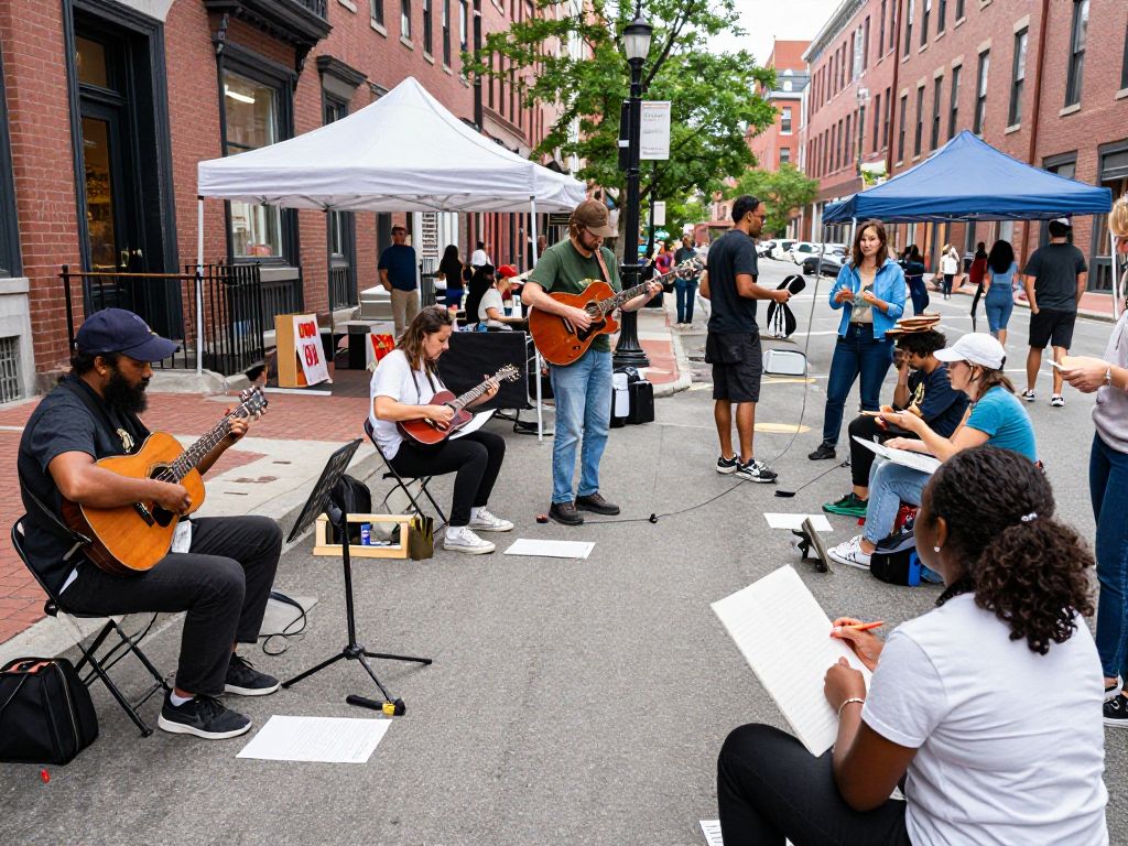 Creative street scene in Boston with artists and musicians