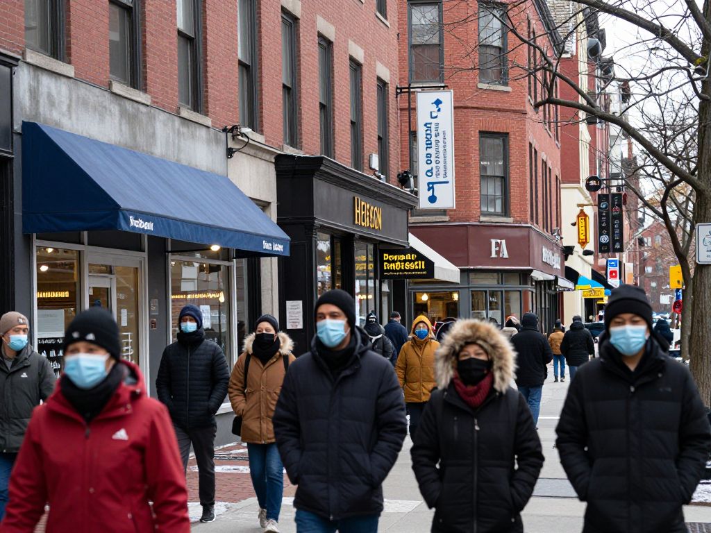 Boston street during flu season with pedestrians wearing masks
