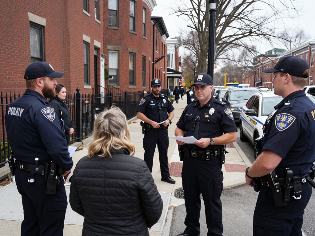 Police officers investigating a crime scene in Boston's Dorchester neighborhood