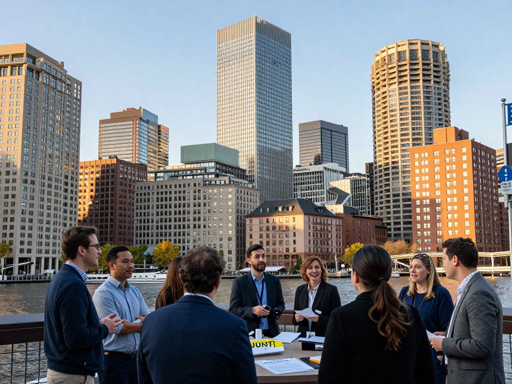 Boston skyline with symbols of entrepreneurship and innovation.