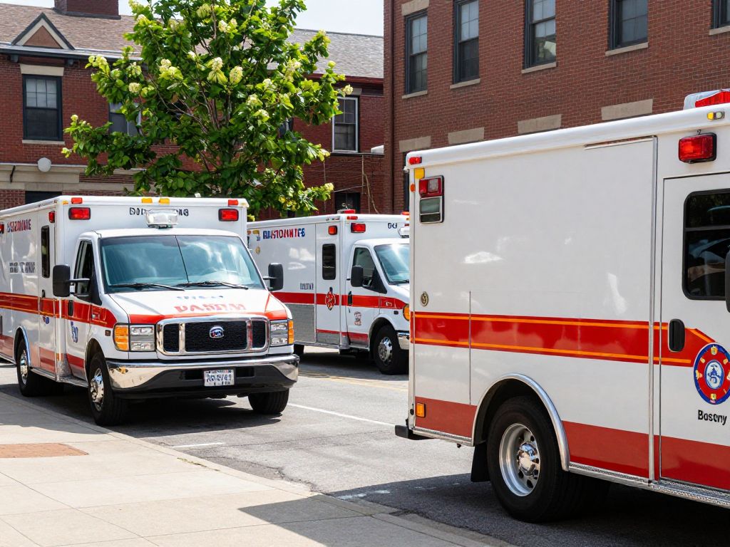 Boston EMS bay with emergency vehicles