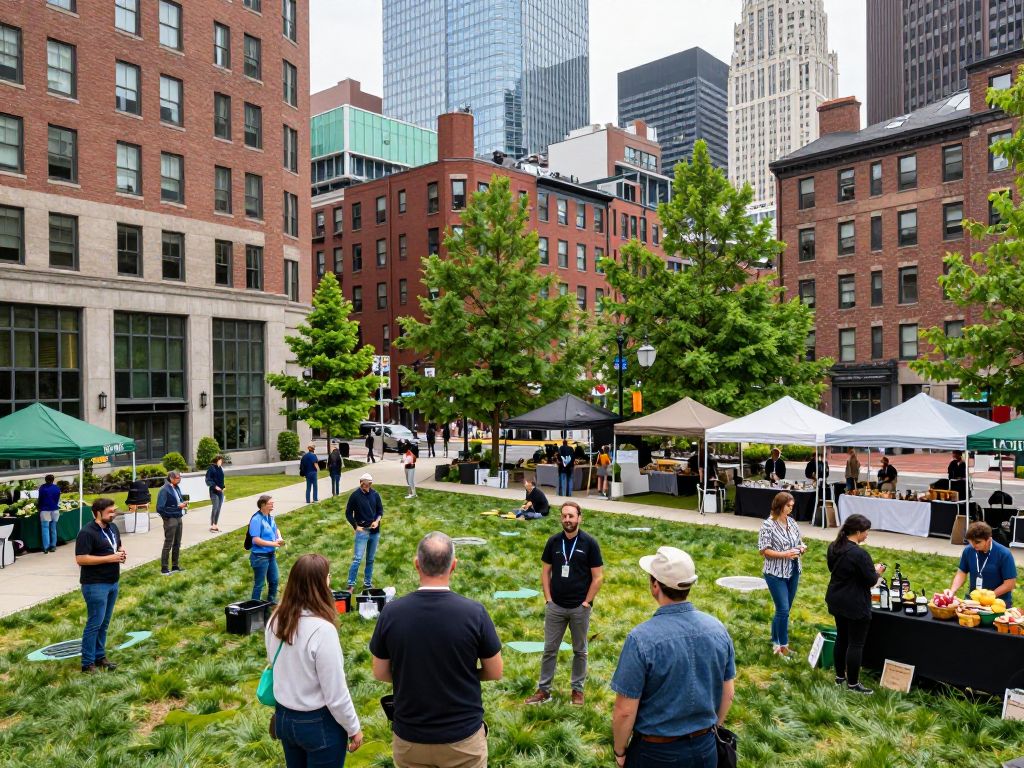 Boston skyline with green initiatives and community gardens