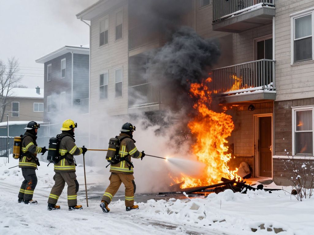 Firefighters in Boston fighting a fire amidst snow and harsh winter conditions
