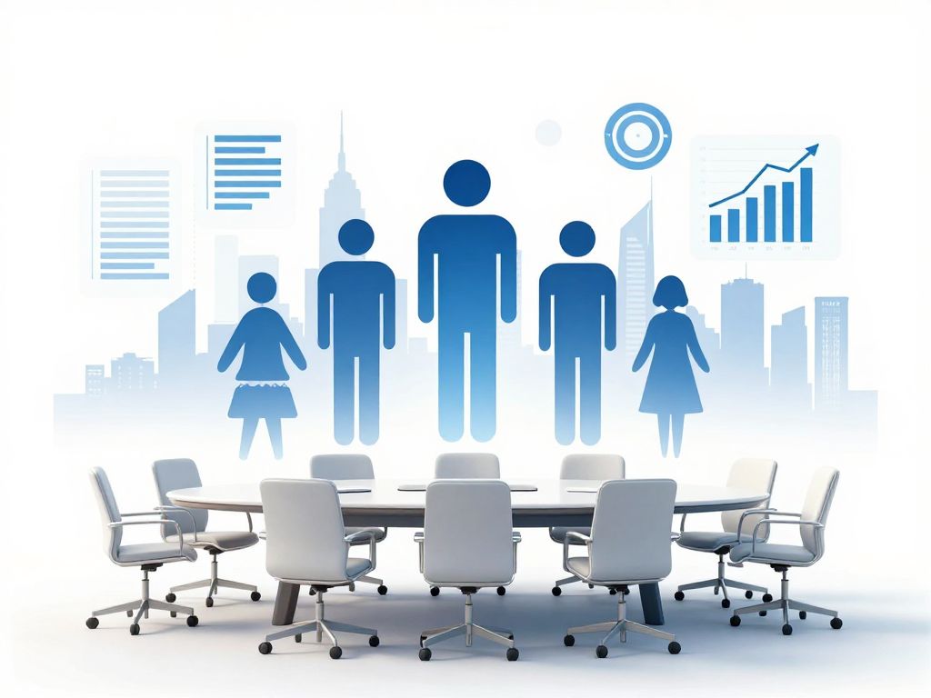 Illustration of corporate governance in Boston with a meeting table and charts