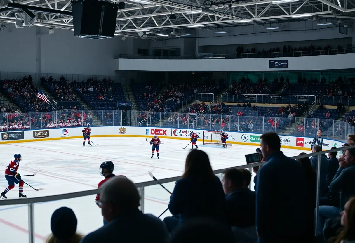 High school hockey players competing in a game at the Catholic Conference Showcase.