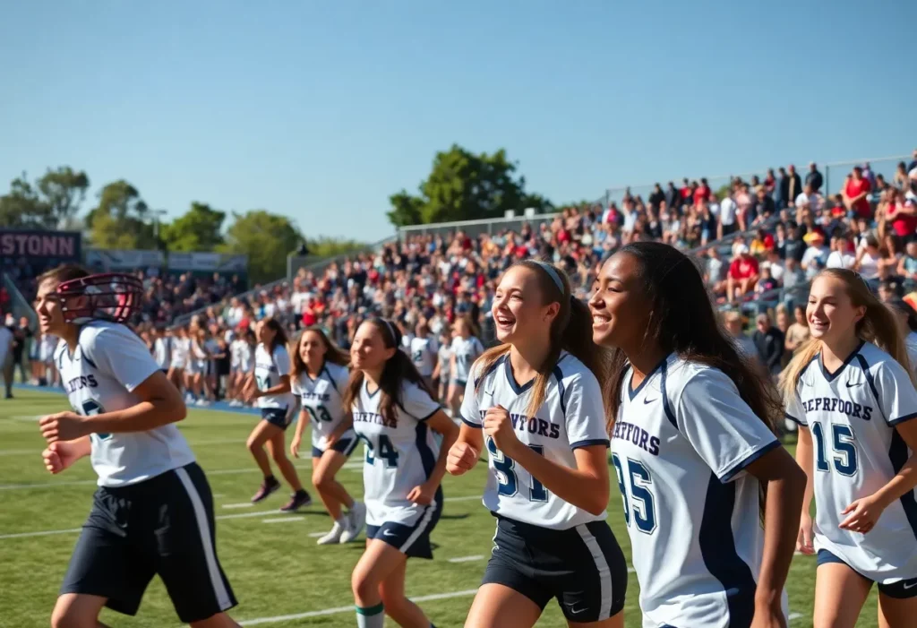 Athletes competing in Boston high school sports event with crowd support