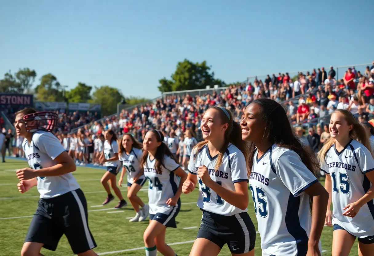 Athletes competing in Boston high school sports event with crowd support