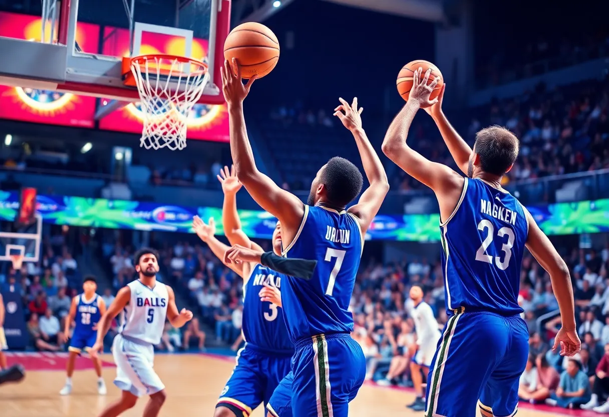 Students playing basketball in an intense high school game