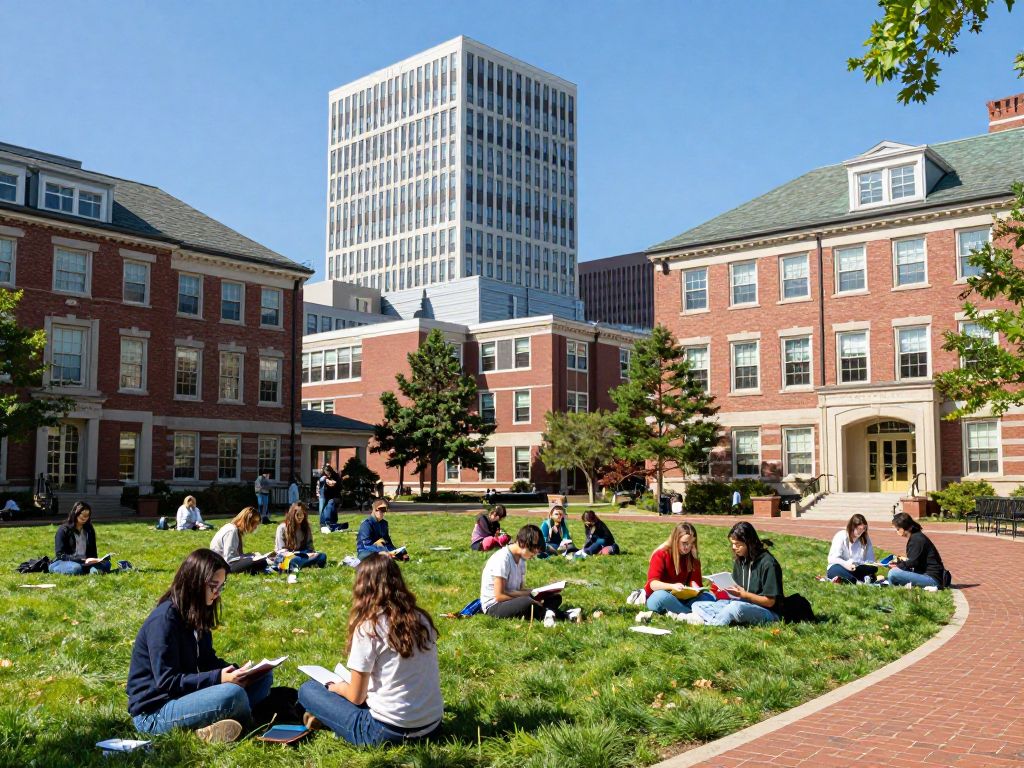 Students at a Boston university campus engaged in study and collaboration.