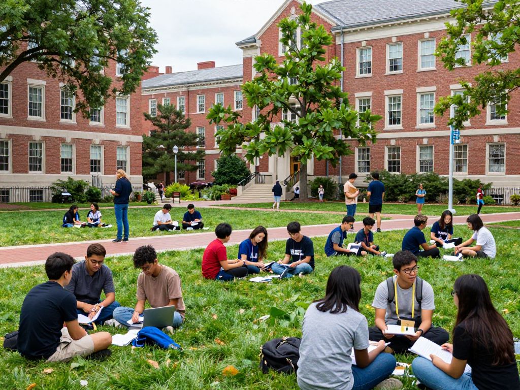 Students on a university campus discussing higher education programs