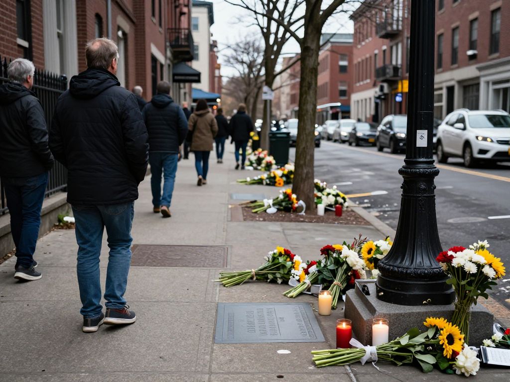 Memorial with flowers and candles on a Boston street for hit-and-run victims
