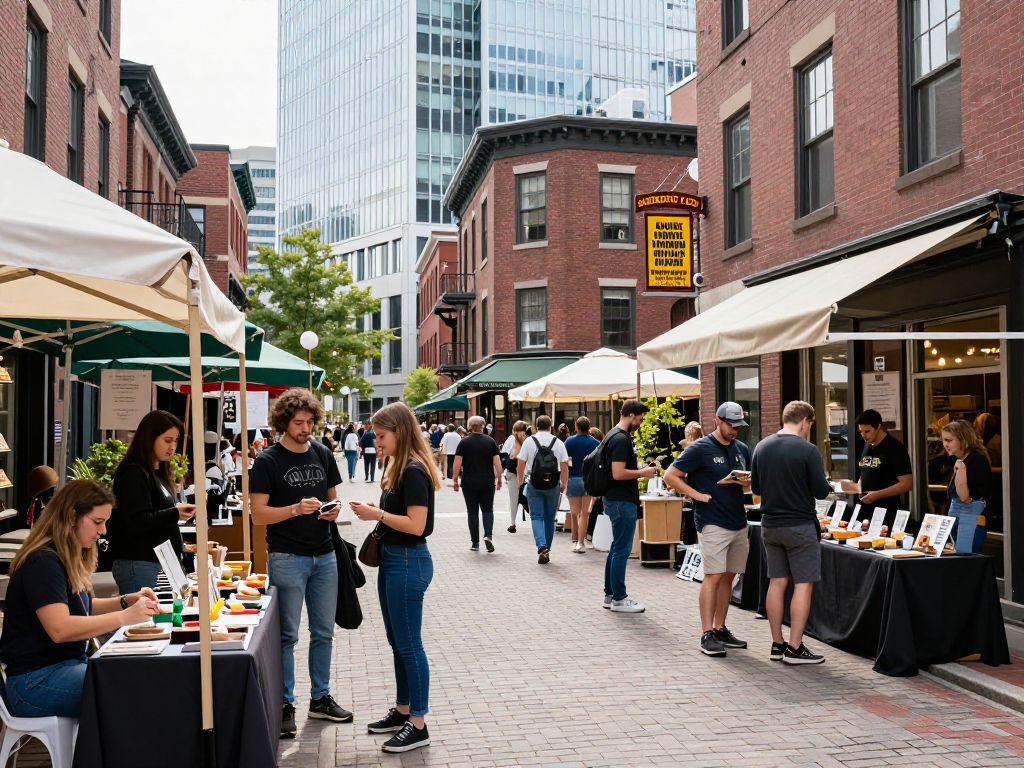 Bustling street in Boston with entrepreneurs and small businesses