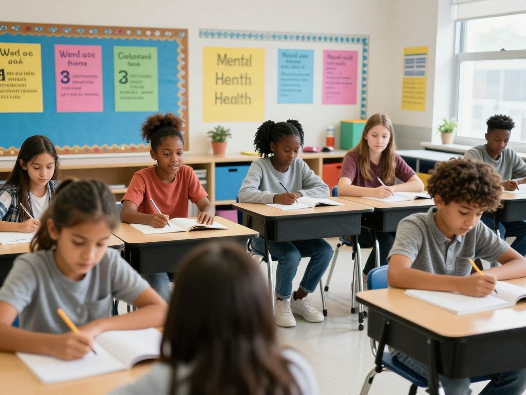 Diverse students participating in mental health activities in a Boston classroom