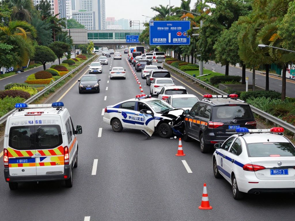 Emergency responders at a multi-vehicle accident scene on I-93 South in Boston.