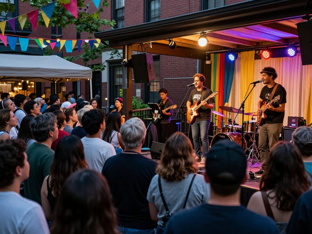 Local band performing at a community music event in Boston