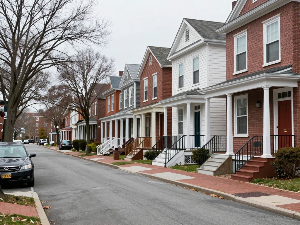 Quiet neighborhood in Boston depicting houses and street.