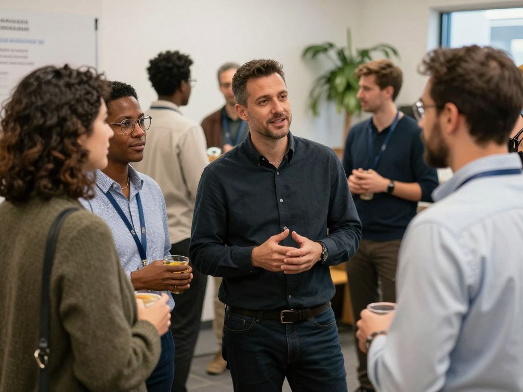 A group of professionals engaging in a networking event in Boston, sharing stories and connecting authentically.