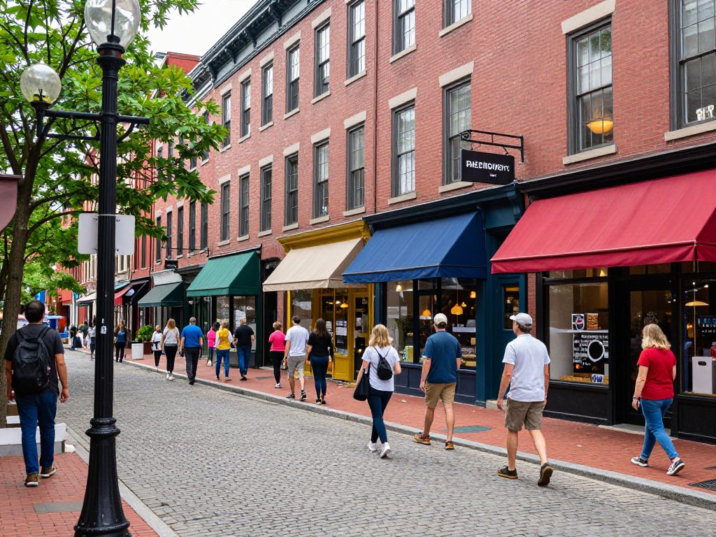 Bustling Newbury Street in Boston with small businesses and shops