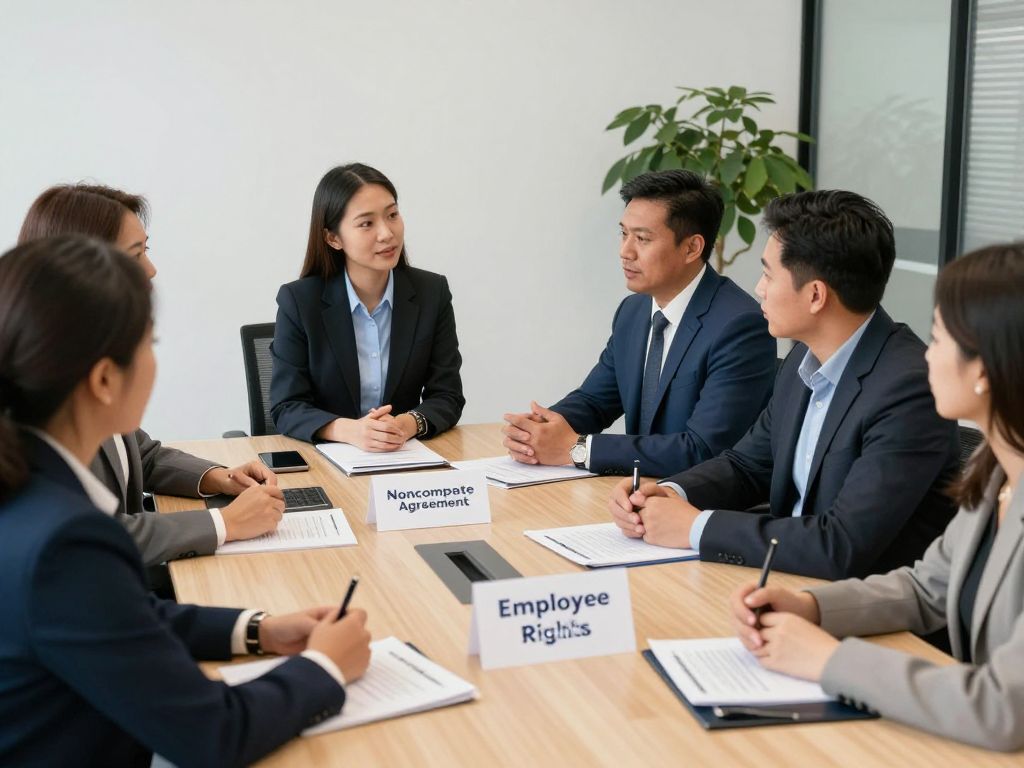 Professionals discussing noncompete agreements in a conference room.